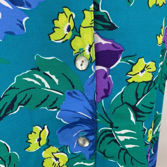 Jones New York Hawaiian Shirt Womens 12 Teal Floral Rayon Short Sleeve Button Up - Picture 4 of 13